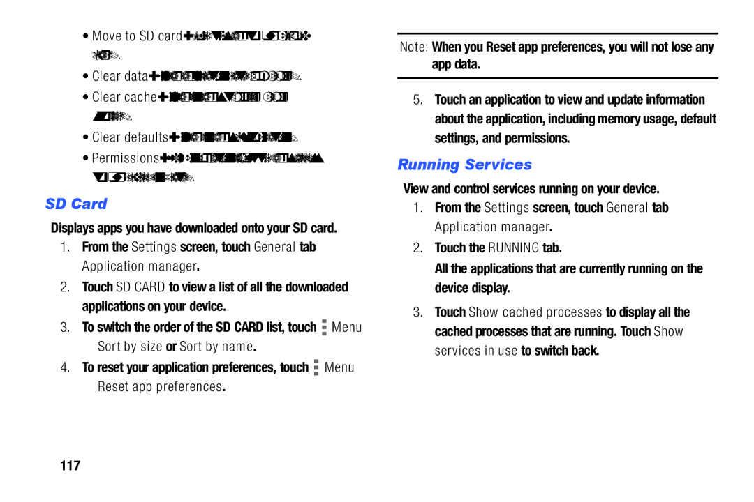 Samsung SM/T530NYKAX user manual SD Card, Running Services, Sort by size or Sort by name, 117 