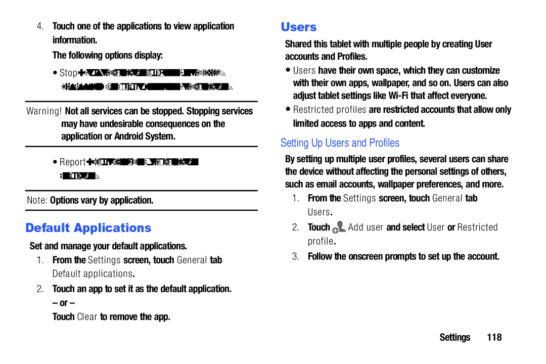 Samsung SM/T530NYKAX user manual Default Applications, Setting Up Users and Profiles 