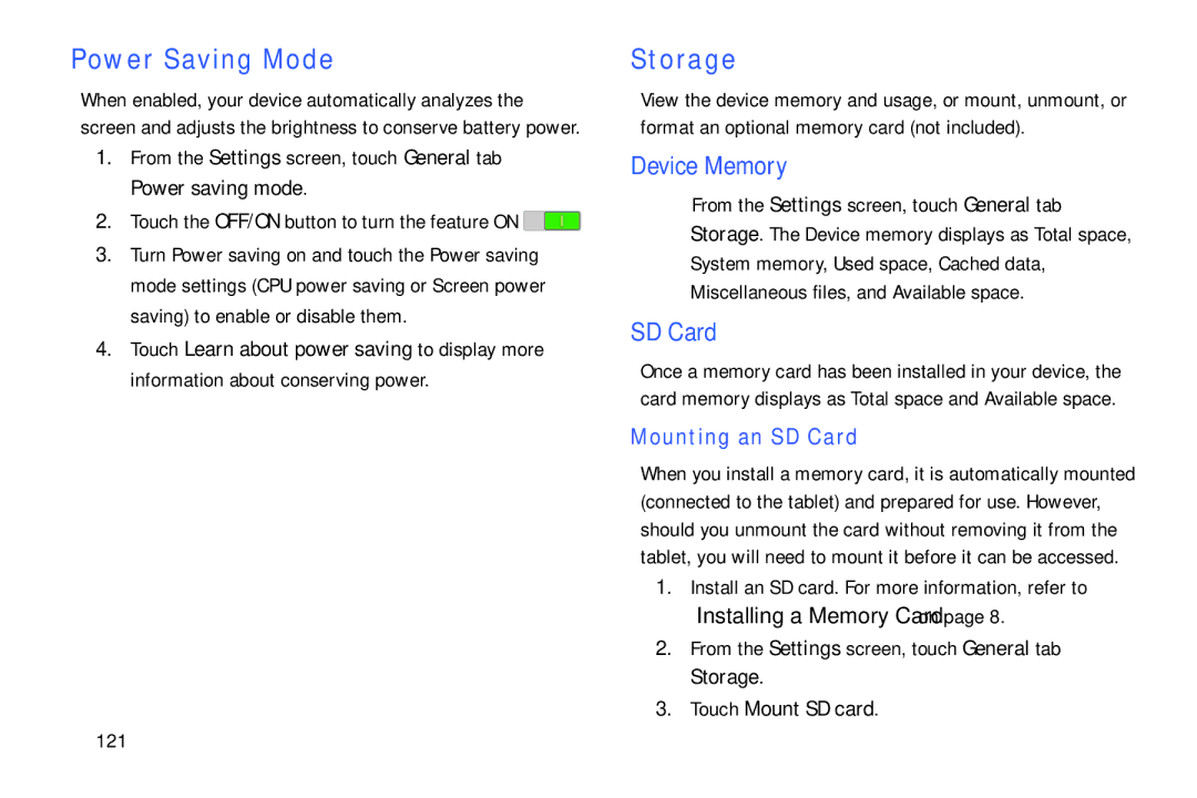 Samsung SM/T530NYKAX user manual Power Saving Mode, Storage, Device Memory, Mounting an SD Card, Touch Mount SD card 