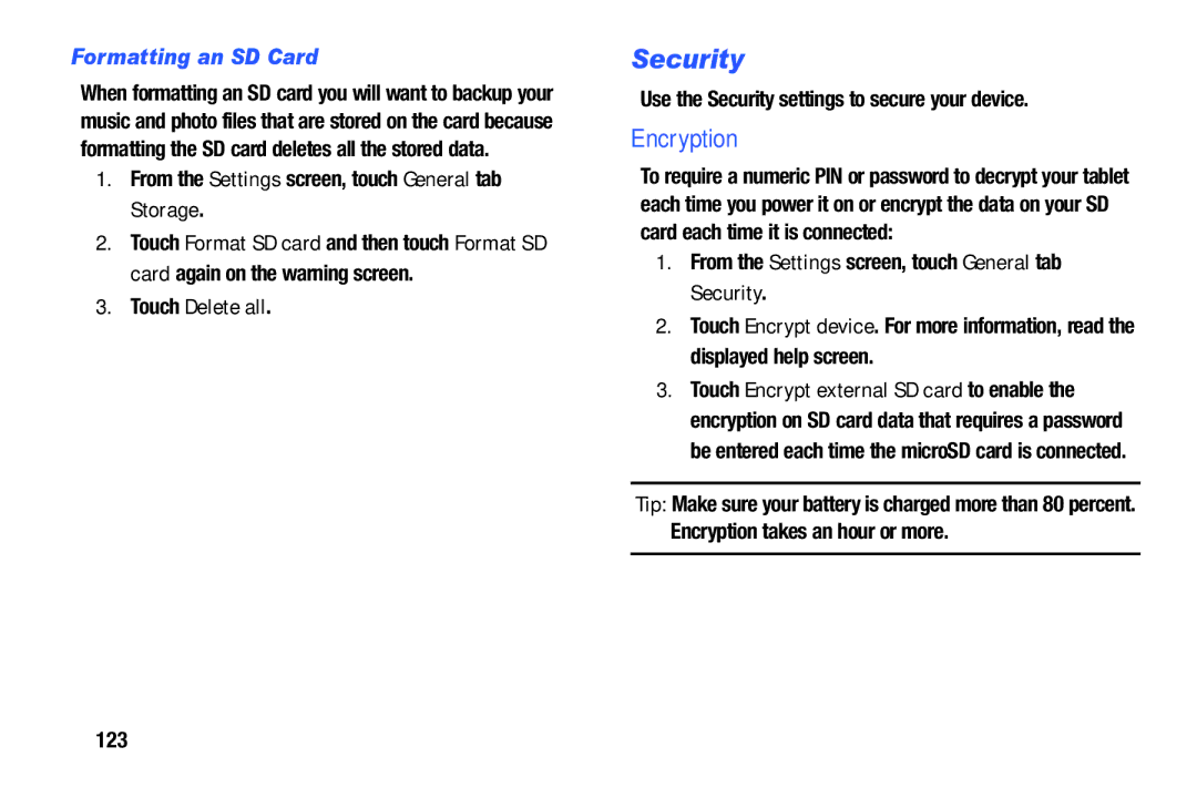 Samsung SM/T530NYKAX user manual Security, Encryption, Formatting an SD Card, Touch Delete all 