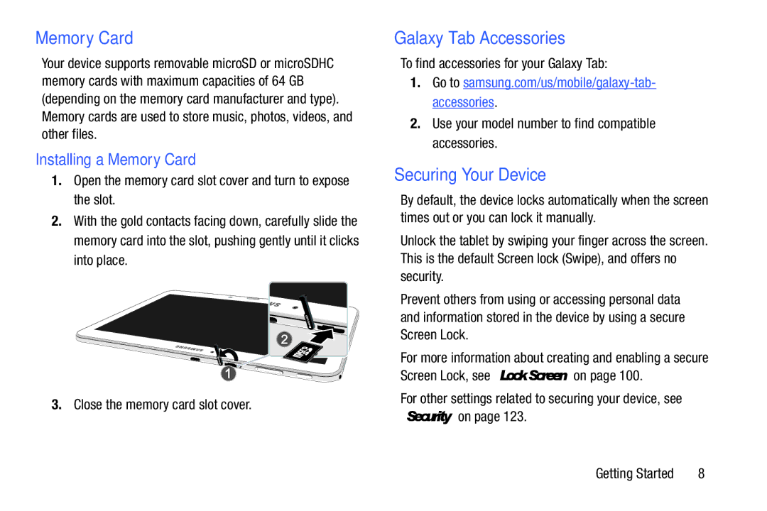 Samsung SM/T530NYKAX user manual Galaxy Tab Accessories, Securing Your Device, Installing a Memory Card 