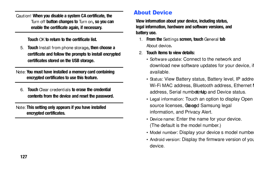 Samsung SM/T530NYKAX user manual About Device, Touch OK to return to the certificate list 