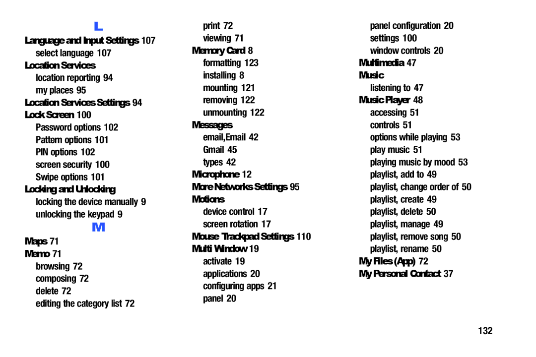 Samsung SM/T530NYKAX Language and Input Settings, Location Services Settings, Locking and Unlocking, Maps Memo, Music 