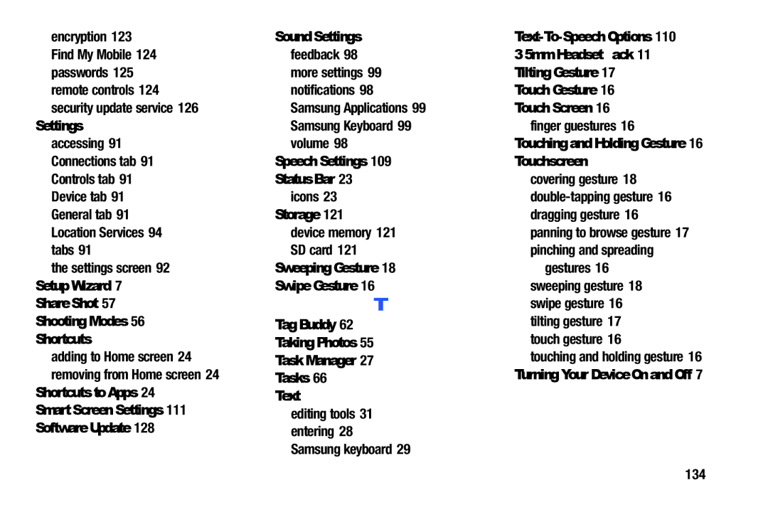 Samsung SM/T530NYKAX Shooting Modes Shortcuts, Sound Settings, 5mm Headset Jack, Tilting Gesture, Touch Gesture, Storage 