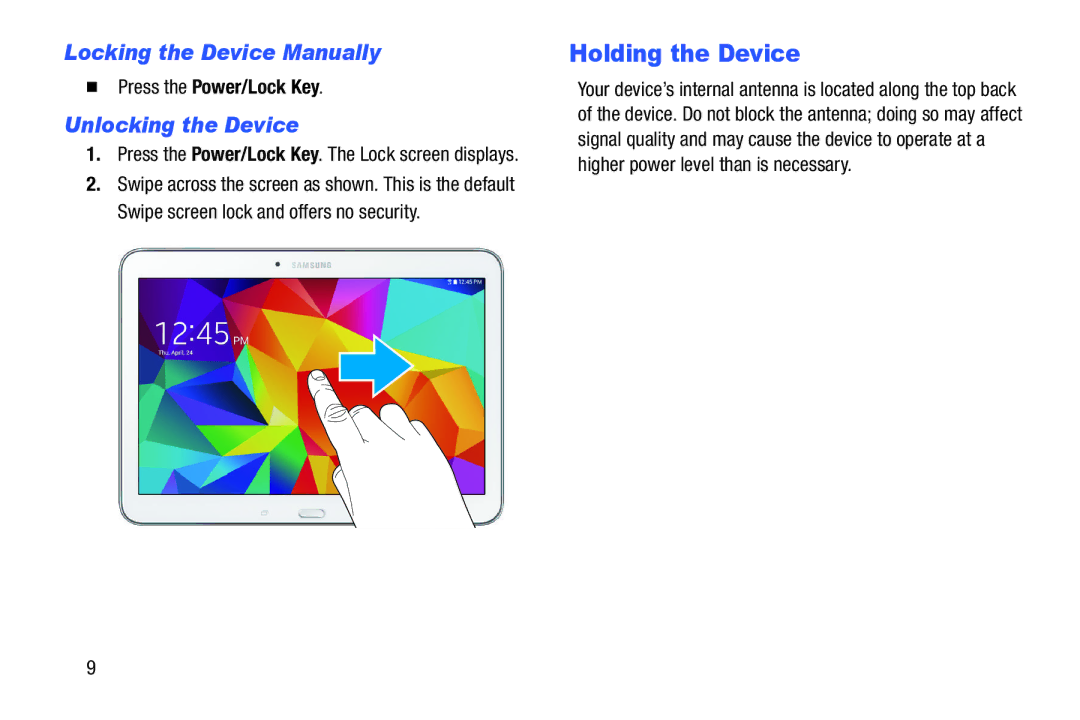 Samsung SM/T530NYKAX Holding the Device, Locking the Device Manually, Unlocking the Device,  Press the Power/Lock Key 