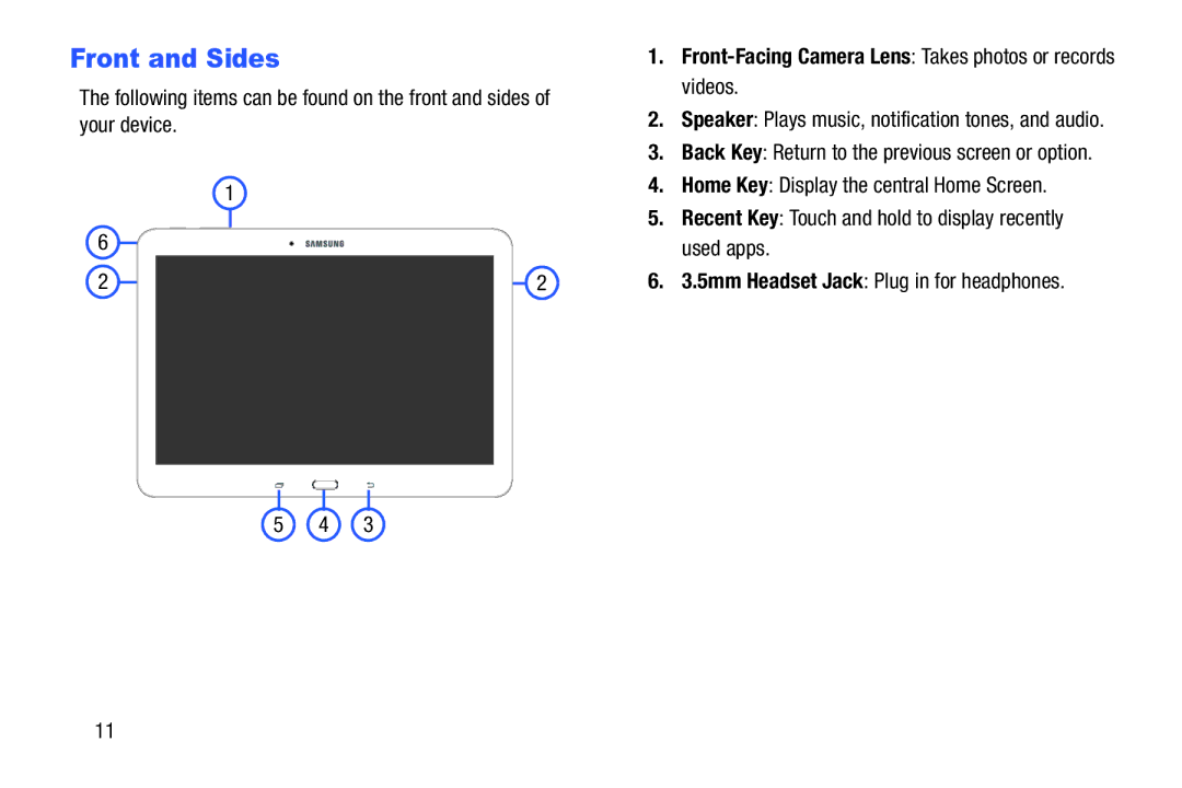 Samsung SM/T530NYKAX user manual Front and Sides, Front-Facing Camera Lens Takes photos or records videos 