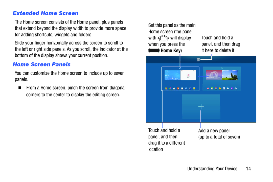 Samsung SM/T530NYKAX user manual Extended Home Screen, Home Screen Panels, Home Key, Add a new panel Up to a total of seven 