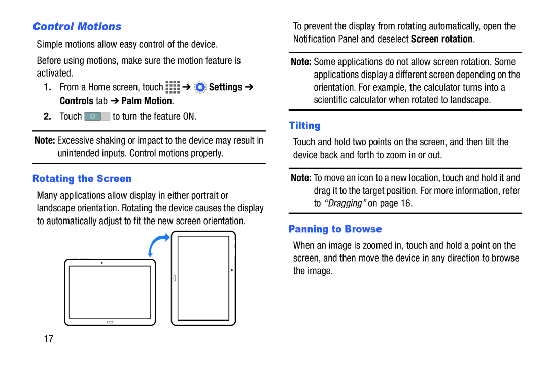 Samsung SM/T530NYKAX Control Motions, Touch to turn the feature on, Rotating the Screen, Tilting, Panning to Browse 