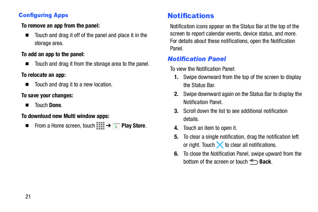 Samsung SM/T530NYKAX user manual Notifications, Notification Panel, Configuring Apps 