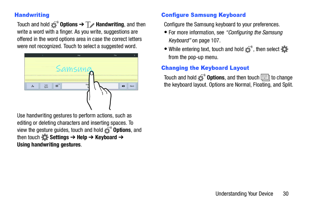 Samsung SM/T530NYKAX Handwriting, Using handwriting gestures, Configure Samsung Keyboard, Changing the Keyboard Layout 