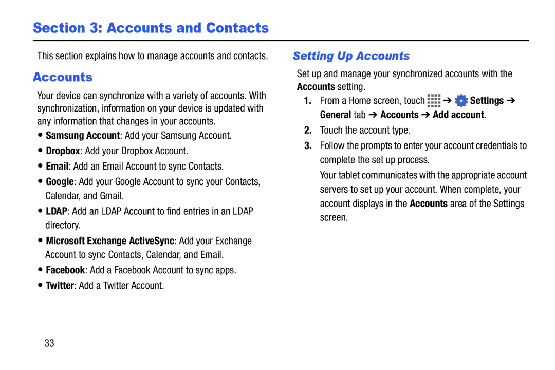 Samsung SM/T530NYKAX user manual Accounts and Contacts, Setting Up Accounts, Accounts setting 