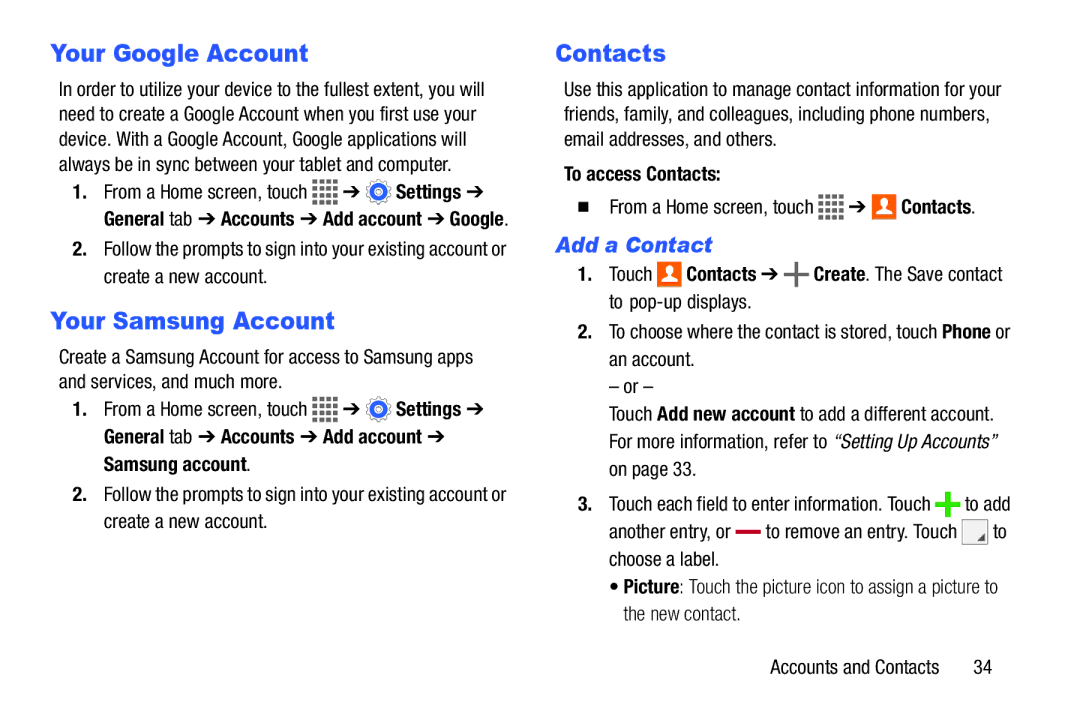 Samsung SM/T530NYKAX user manual Your Google Account, Your Samsung Account, Contacts, Add a Contact 