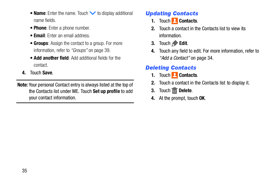 Samsung SM/T530NYKAX Updating Contacts, Deleting Contacts, Add another field Add additional fields for the contact 