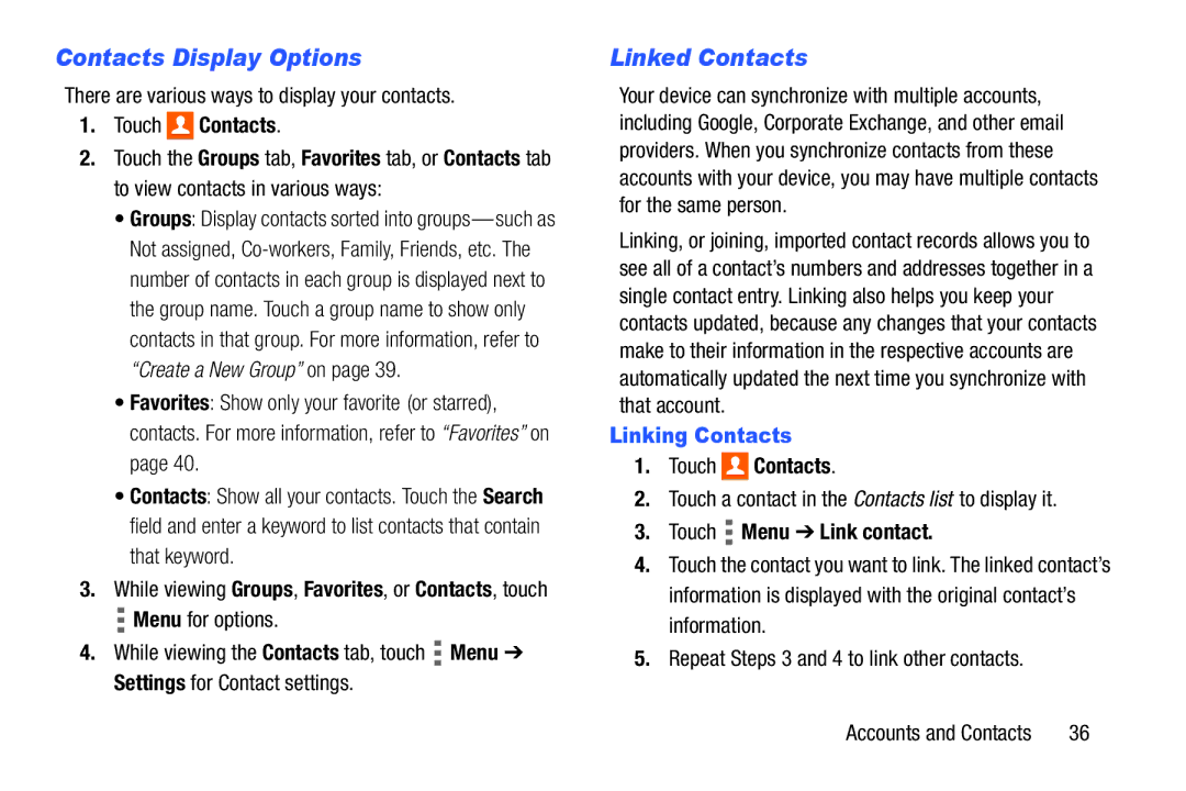 Samsung SM/T530NYKAX user manual Contacts Display Options, Linked Contacts, Linking Contacts, Touch Menu Link contact 