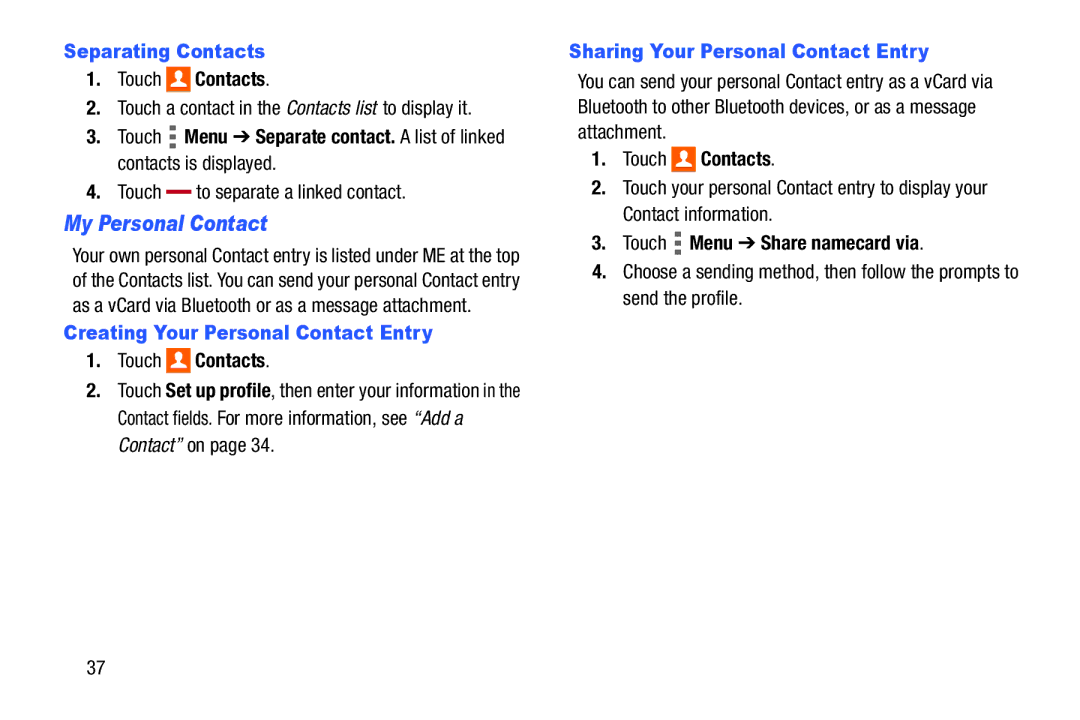 Samsung SM/T530NYKAX user manual My Personal Contact, Separating Contacts, Creating Your Personal Contact Entry 