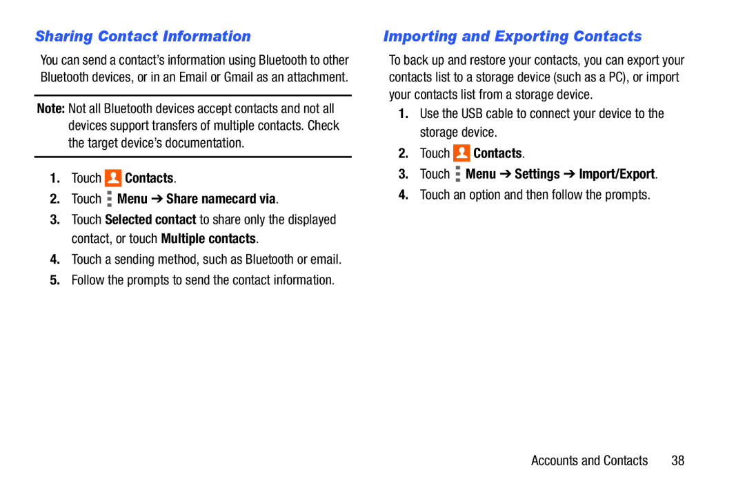 Samsung SM/T530NYKAX user manual Sharing Contact Information, Importing and Exporting Contacts 