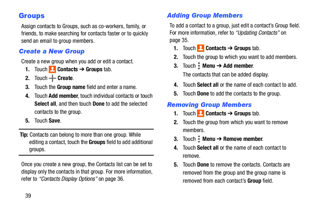 Samsung SM/T530NYKAX user manual Groups, Create a New Group, Adding Group Members, Removing Group Members 