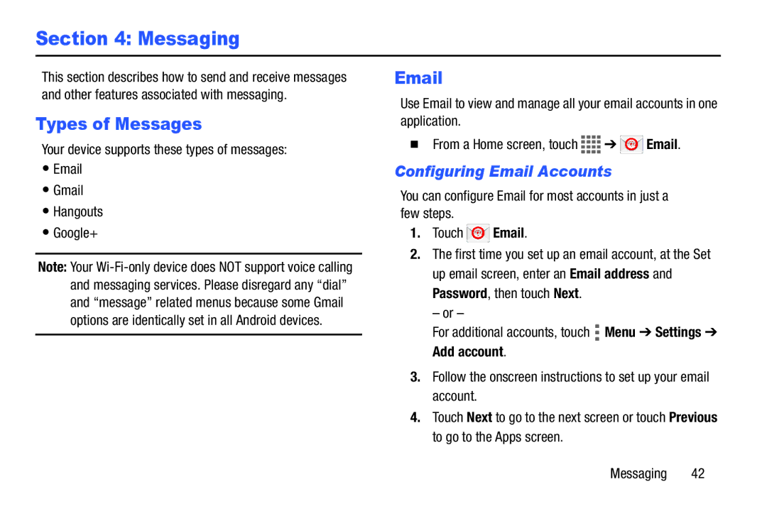 Samsung SM/T530NYKAX user manual Messaging, Types of Messages, Configuring Email Accounts 