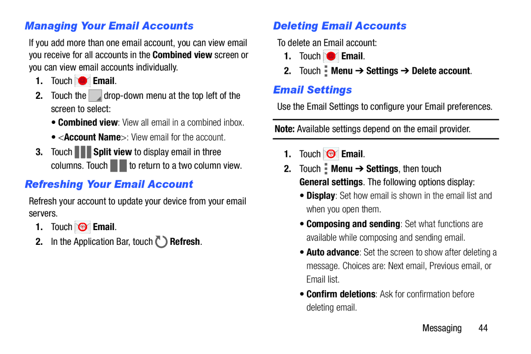 Samsung SM/T530NYKAX Managing Your Email Accounts, Refreshing Your Email Account, Deleting Email Accounts, Email Settings 