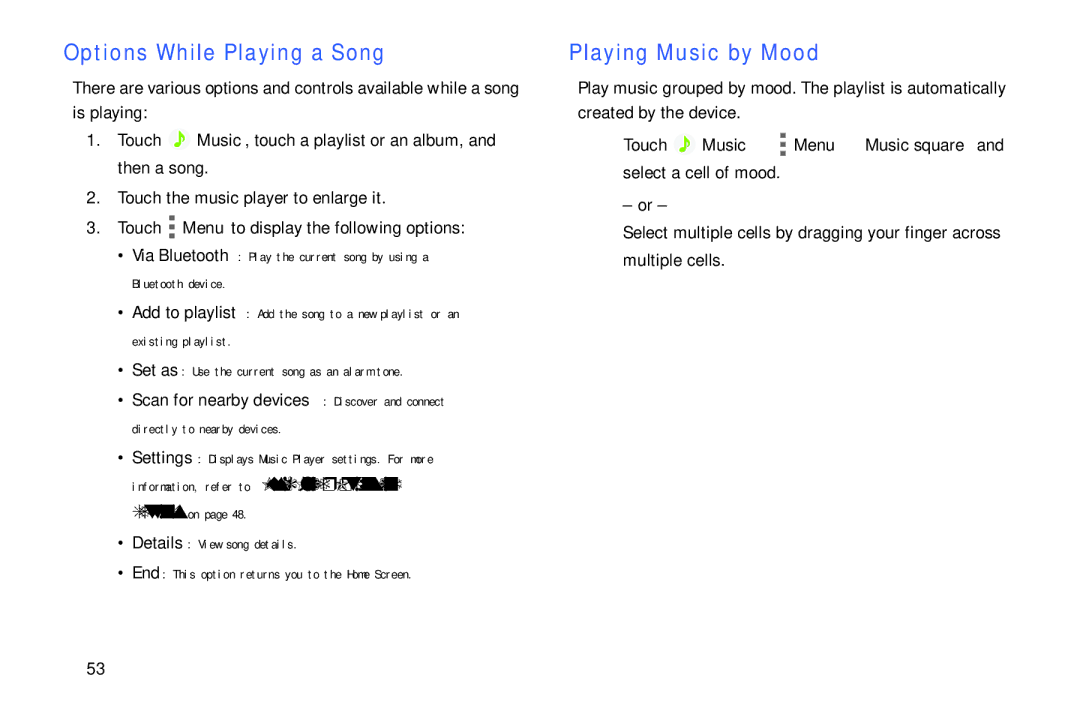 Samsung SM/T530NYKAX user manual Options While Playing a Song, Playing Music by Mood, Details View song details 