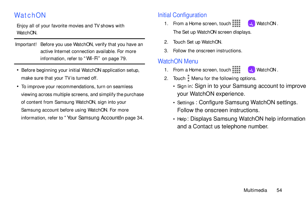 Samsung SM/T530NYKAX user manual Initial Configuration, WatchON Menu, Touch Set up WatchON 