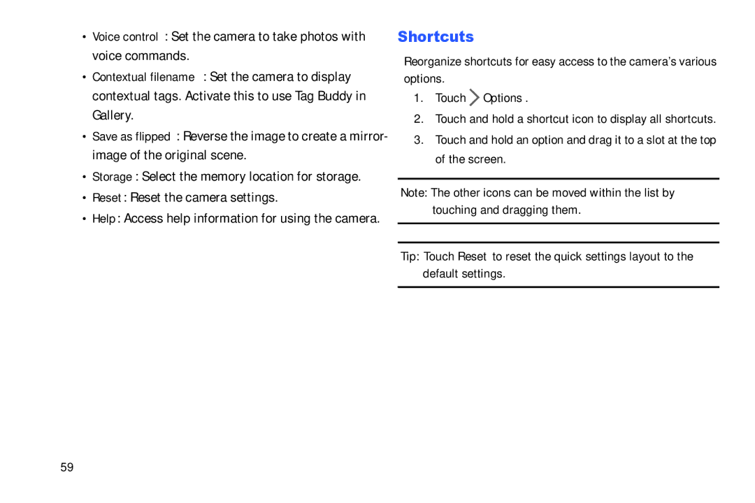 Samsung SM/T530NYKAX user manual Shortcuts, Reset Reset the camera settings, Touch Options 