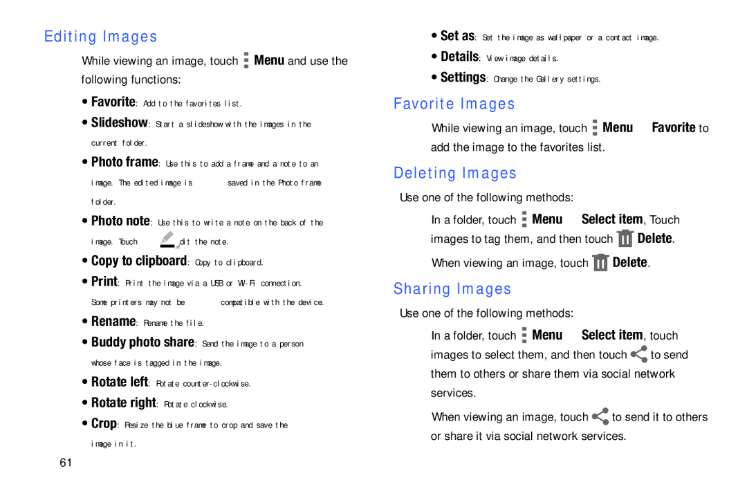 Samsung SM/T530NYKAX user manual Editing Images, Favorite Images, Deleting Images, Sharing Images 