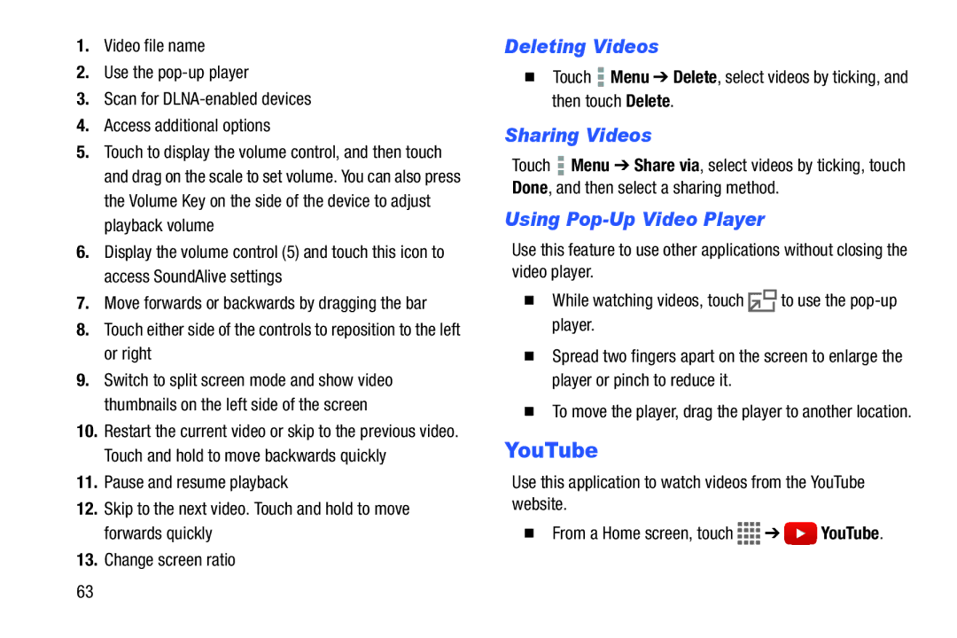 Samsung SM/T530NYKAX user manual YouTube, Deleting Videos, Sharing Videos, Using Pop-Up Video Player 