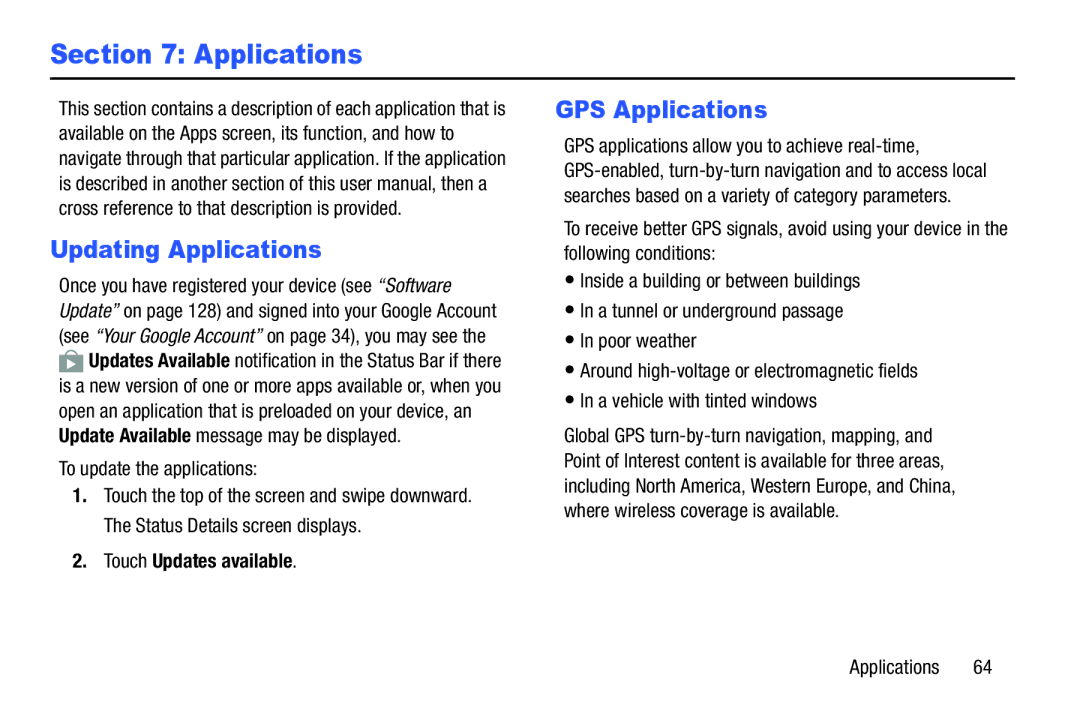 Samsung SM/T530NYKAX user manual Updating Applications, GPS Applications, Touch Updates available 