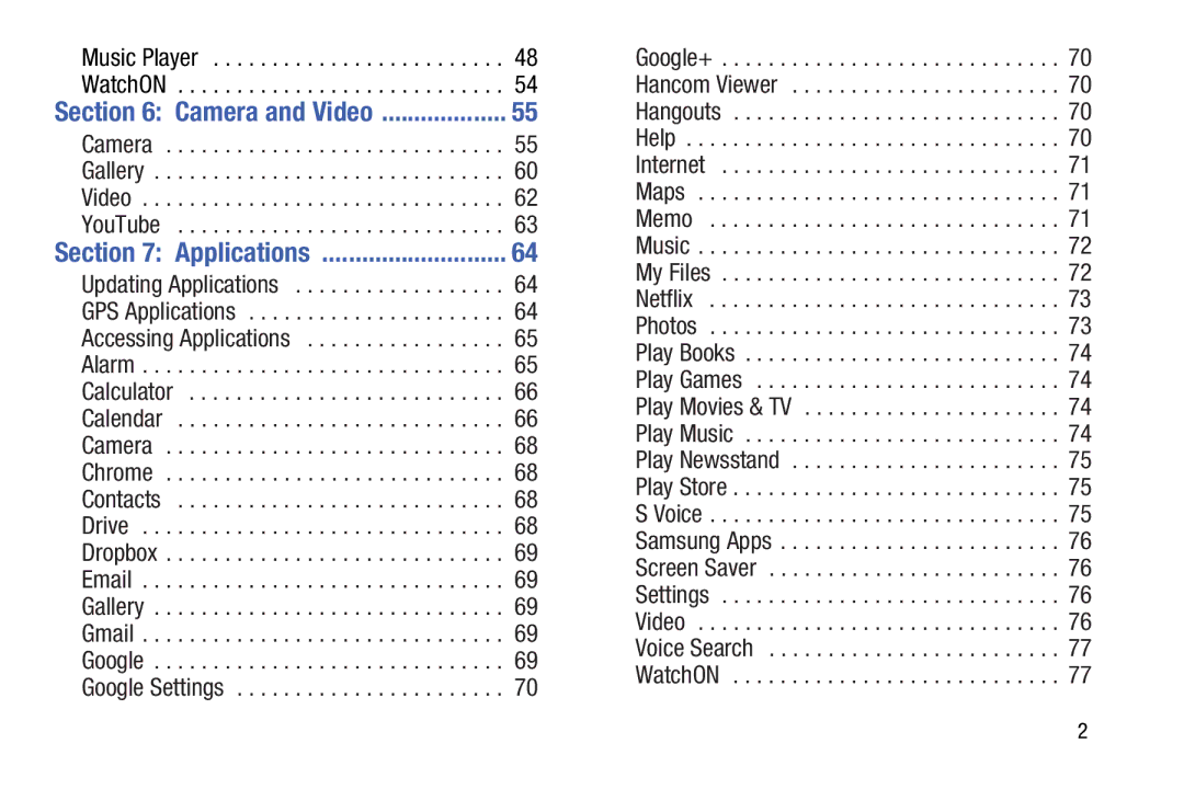 Samsung SM/T530NYKAX user manual Applications, Camera and Video 