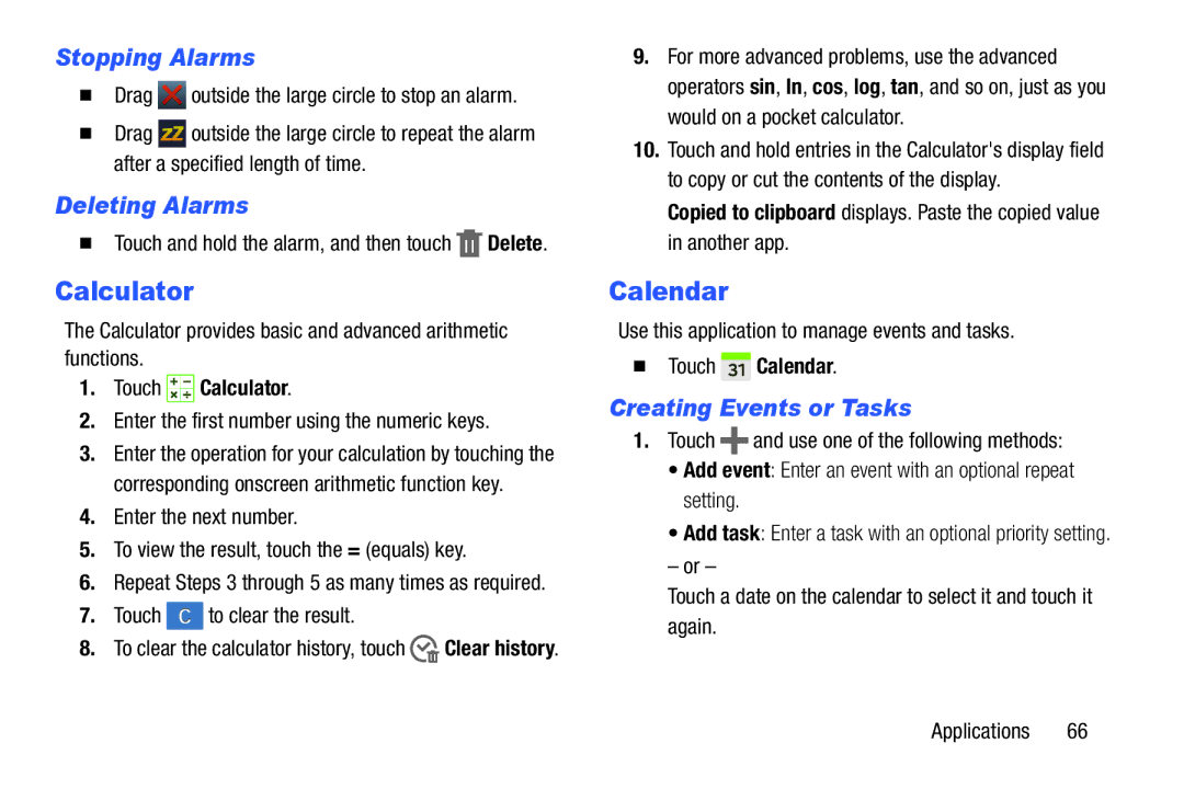 Samsung SM/T530NYKAX user manual Calculator, Calendar, Stopping Alarms, Deleting Alarms, Creating Events or Tasks 