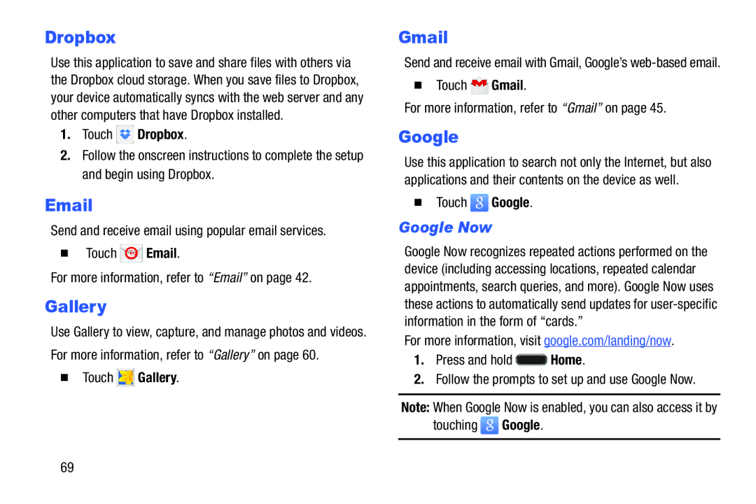 Samsung SM/T530NYKAX user manual Google Now, Touch Dropbox,  Touch Gallery 