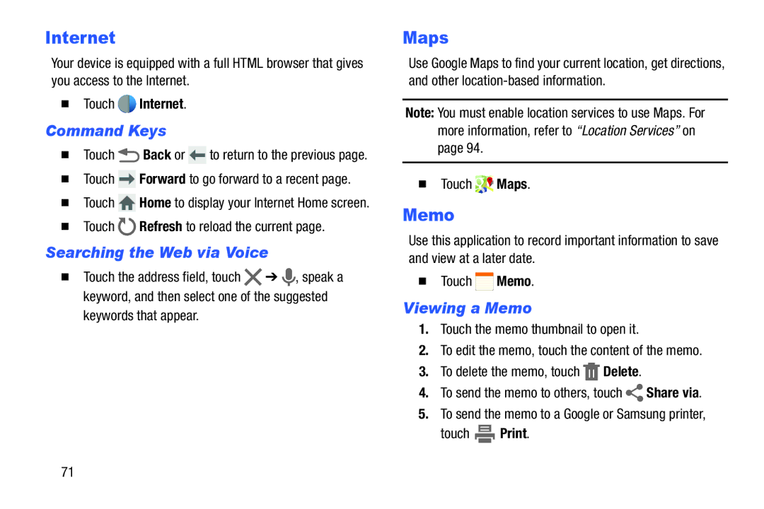 Samsung SM/T530NYKAX user manual Internet, Maps, Searching the Web via Voice, Viewing a Memo 