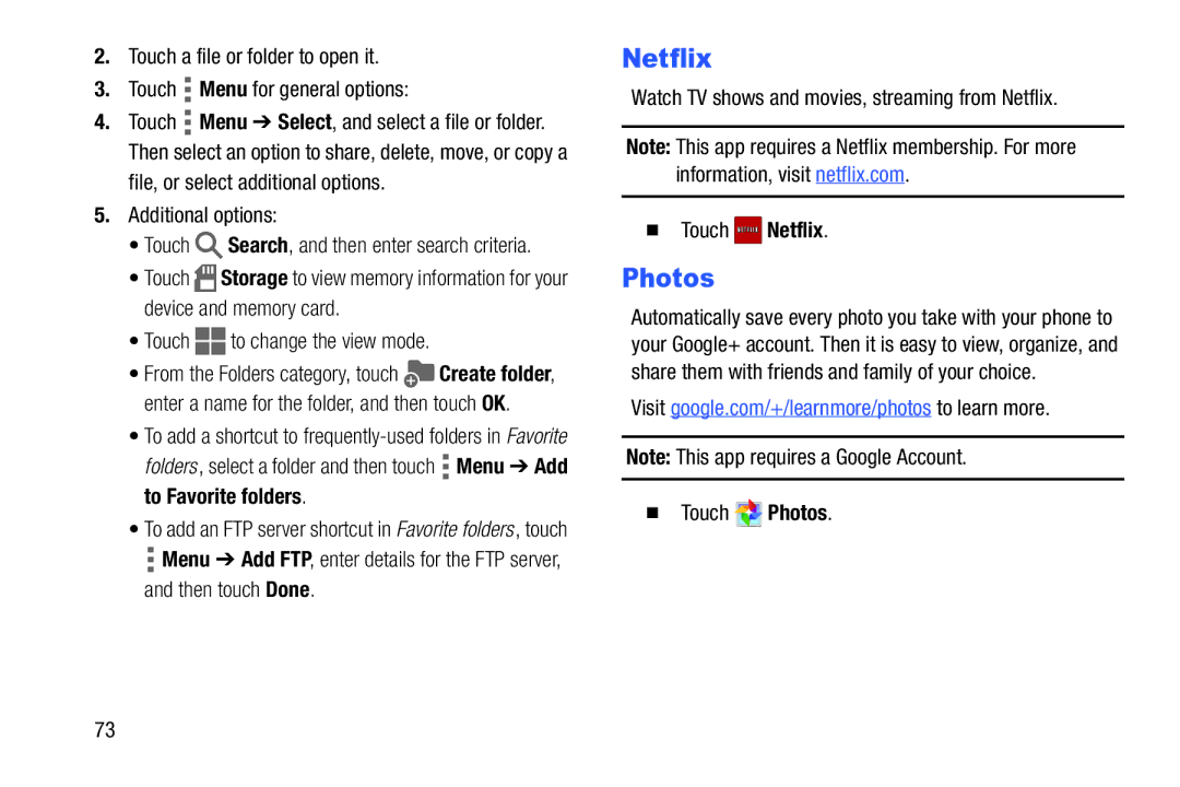 Samsung SM/T530NYKAX user manual Photos,  Touch Netflix 