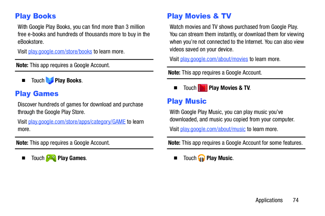 Samsung SM/T530NYKAX user manual Play Books, Play Games, Play Movies & TV 