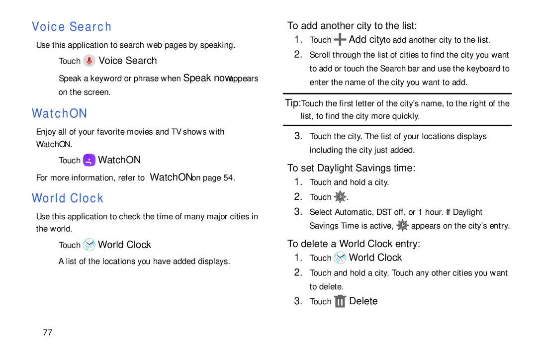 Samsung SM/T530NYKAX user manual Voice Search, World Clock 