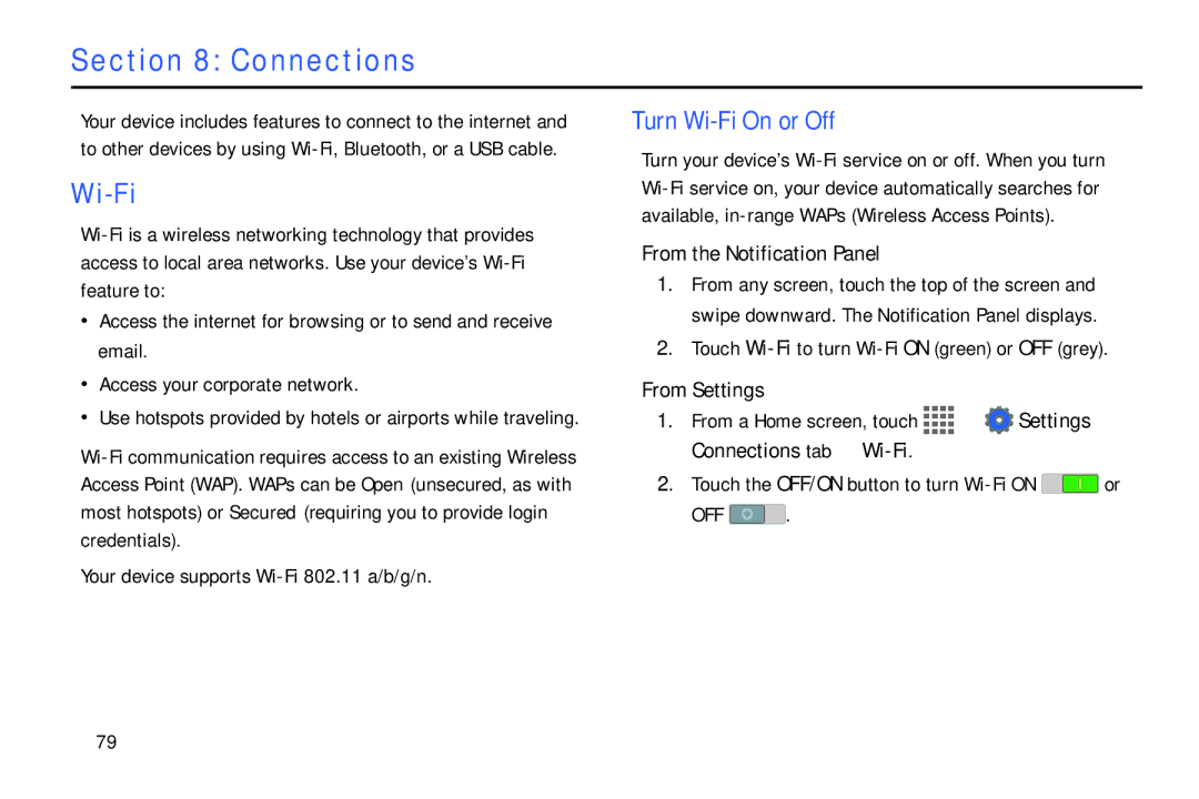 Samsung SM/T530NYKAX user manual Connections, Turn Wi-Fi On or Off 