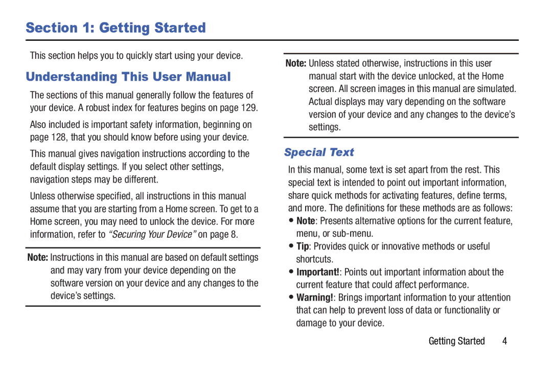 Samsung SM/T530NYKAX user manual Getting Started, Special Text 