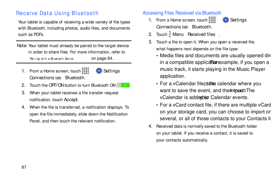 Samsung SM/T530NYKAX Receive Data Using Bluetooth, Accessing Files Received via Bluetooth, Touch Menu Received files 