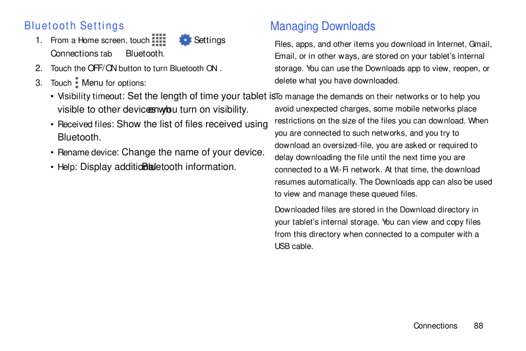 Samsung SM/T530NYKAX user manual Managing Downloads, Bluetooth Settings, Help Display additional Bluetooth information 