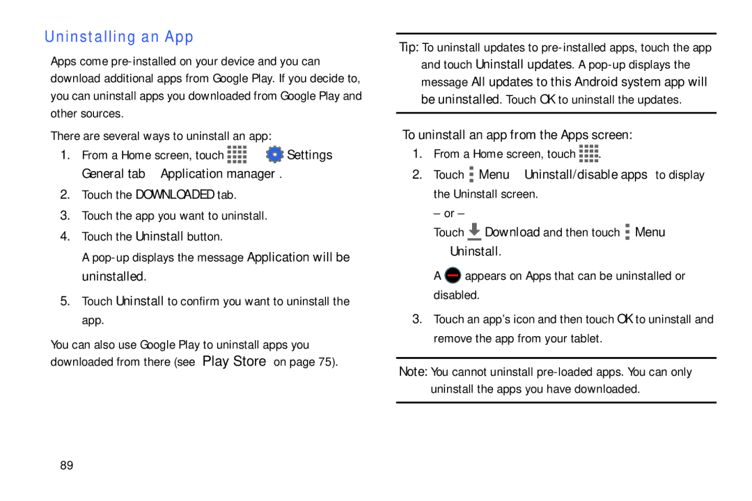 Samsung SM/T530NYKAX Uninstalling an App, To uninstall an app from the Apps screen, Touch Download and then touch Menu 