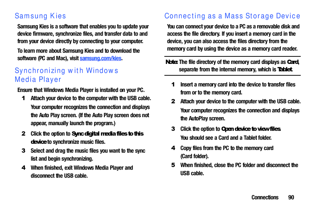 Samsung SM/T530NYKAX user manual Samsung Kies, Synchronizing with Windows Media Player, Connecting as a Mass Storage Device 