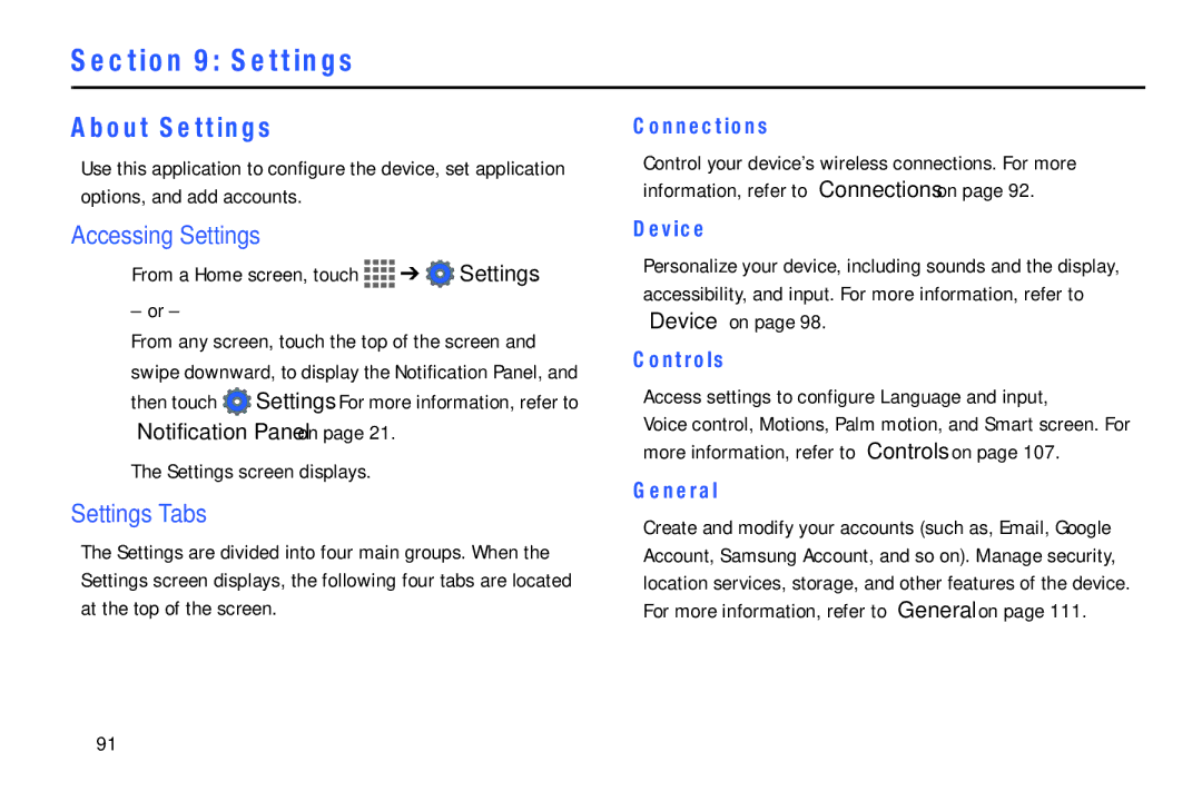 Samsung SM/T530NYKAX user manual About Settings, Accessing Settings, Settings Tabs 