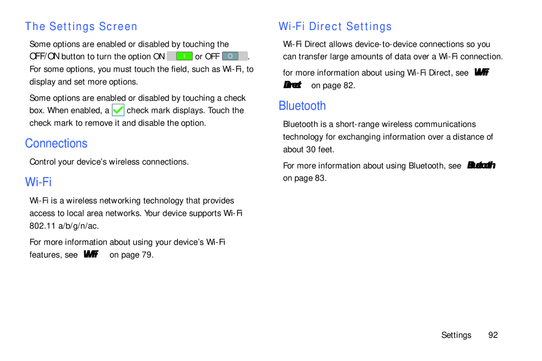 Samsung SM/T530NYKAX Connections, Settings Screen, Wi-Fi Direct Settings, Control your device’s wireless connections 