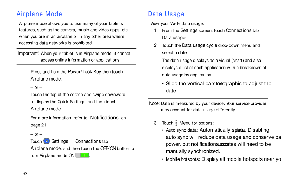 Samsung SM/T530NYKAX user manual Airplane Mode, Data Usage, Touch Settings Connections tab 