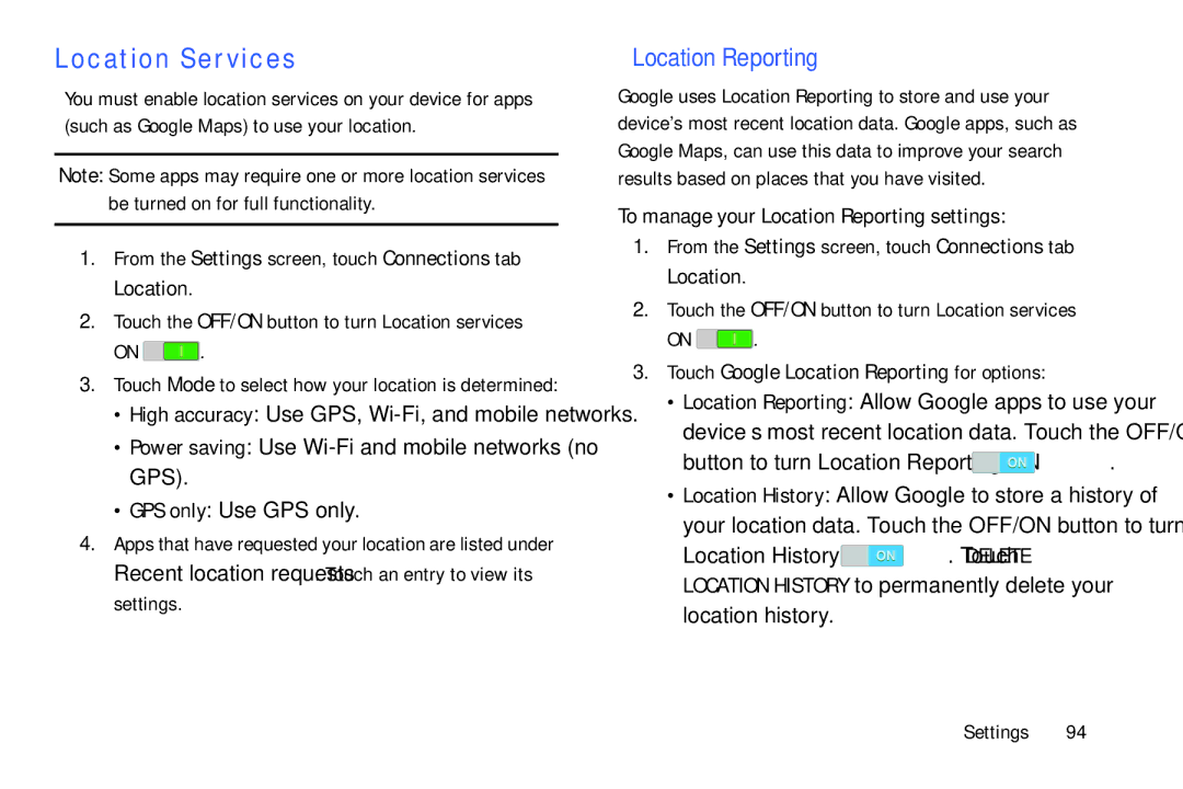 Samsung SM/T530NYKAX user manual Location Services, To manage your Location Reporting settings 