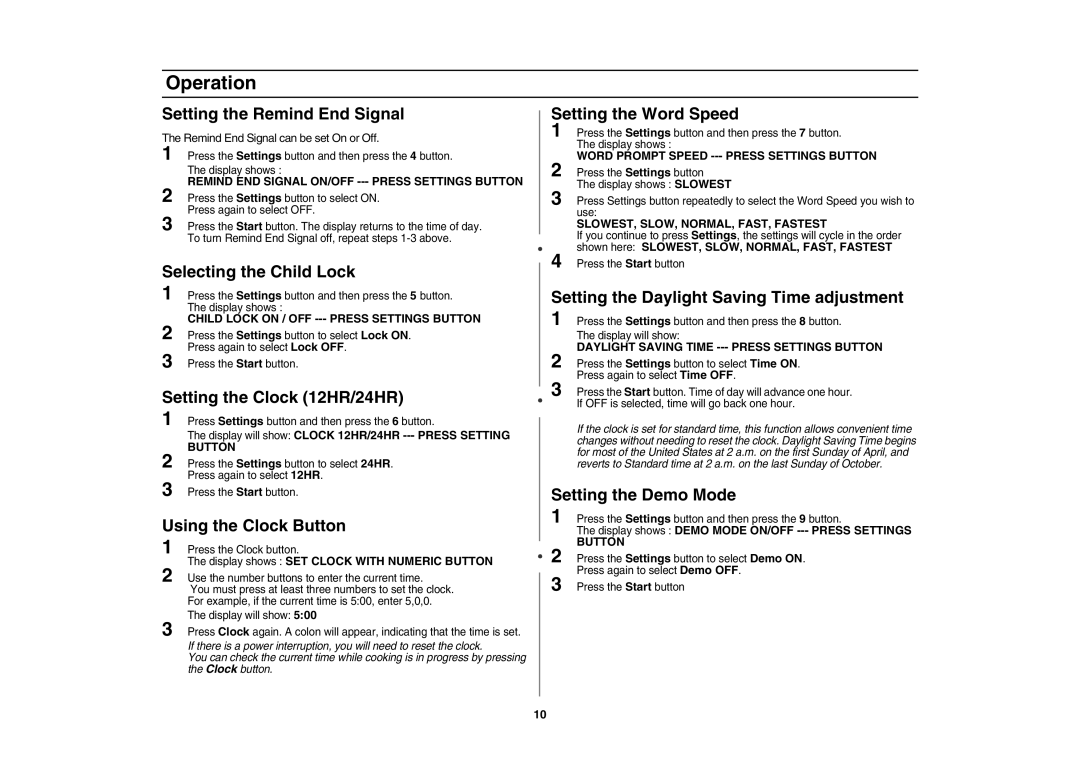 Samsung SMV7165 owner manual Setting the Remind End Signal, Selecting the Child Lock, Setting the Clock 12HR/24HR 