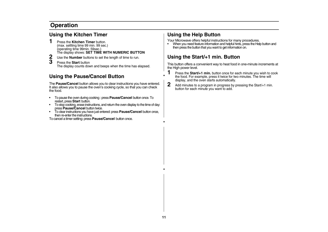 Samsung SMV7165 owner manual Using the Kitchen Timer, Using the Pause/Cancel Button, Using the Help Button 