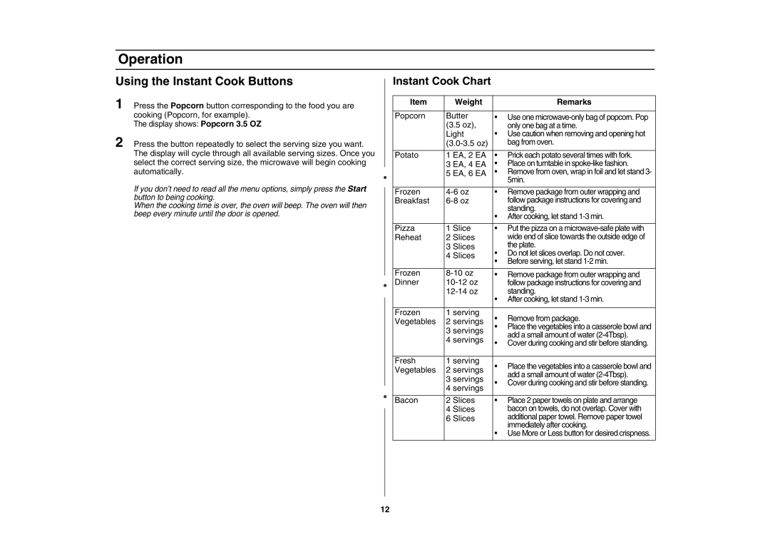 Samsung SMV7165 owner manual Using the Instant Cook Buttons, Instant Cook Chart, Weight Remarks 