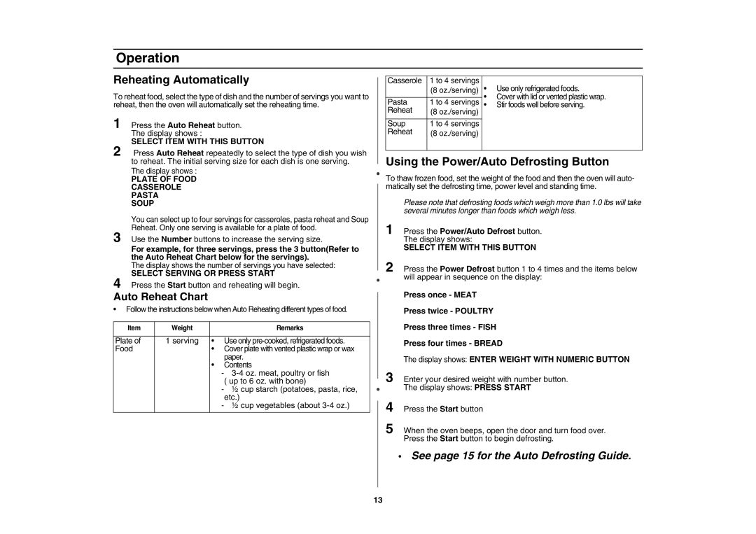 Samsung SMV7165 owner manual Reheating Automatically, Using the Power/Auto Defrosting Button, Auto Reheat Chart 